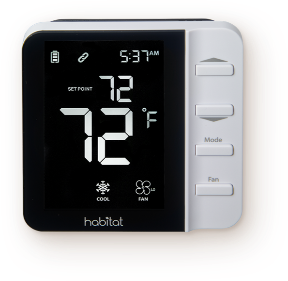 Habitat wireless smart thermostat with its display lit, set to cool at 72 degrees.